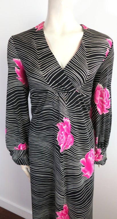 Black Vintage HANAE MORI 1970's era linear floral dress For Sale