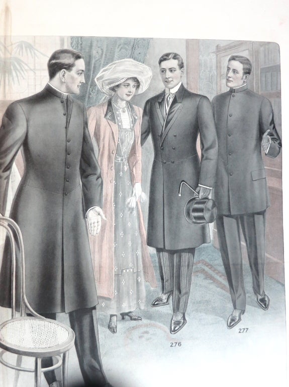 Antique J.L. TAYLOR & CO 1912 Oversized illustrated swatch card.  Front illustration features grayscale Prince Albert double breasted coat with clerical frocks at sides.  Reverse side features original wool fabric swatches from Spring Summer