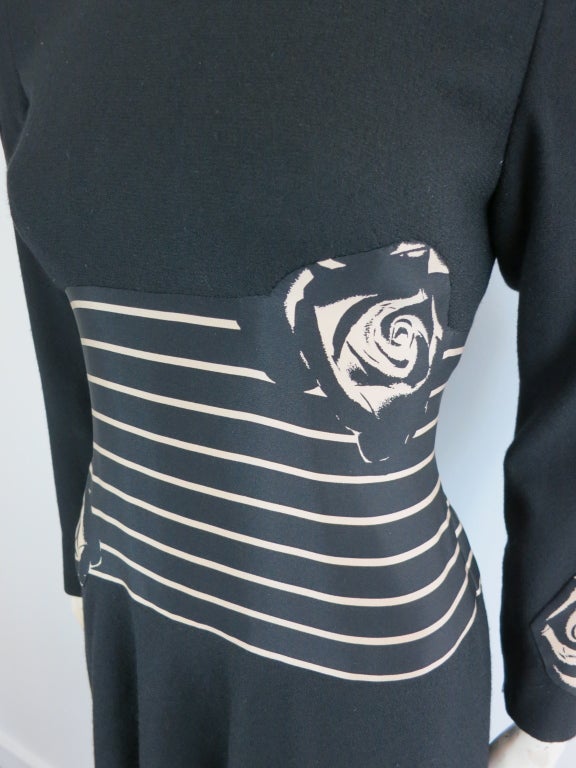 Vintage PAULINE TRIGÉRE black & light beige rose stripe dress & scarf.  The main body of the dress is made of wool crepe, and the printed, mid-section inset, the scarf, and appliques are all made of printed silk.  Concealed center back zipper entry,