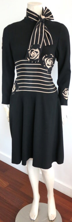 Women's Vintage PAULINE TRIGÉRE black rose stripe dress & scarf