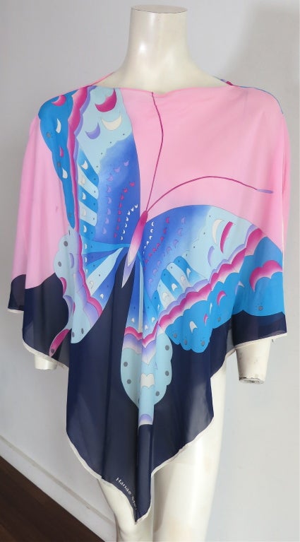 HANAE MORI 1970's Pure silk butterfly printed scarf top/cover up with boat neck construction.  Printed logo type face at bottom, triangle scarf style hem, front and back.  Light blossom pink with dark blue ombre style printing. Scarf style