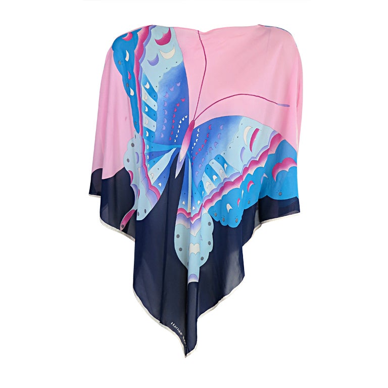 HANAE MORI 1970's Pure silk butterfly printed scarf top/cover up