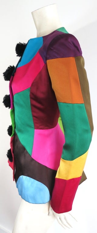 OSCAR DE LA RENTA 1990's satin color blocked jacket fur poms 2