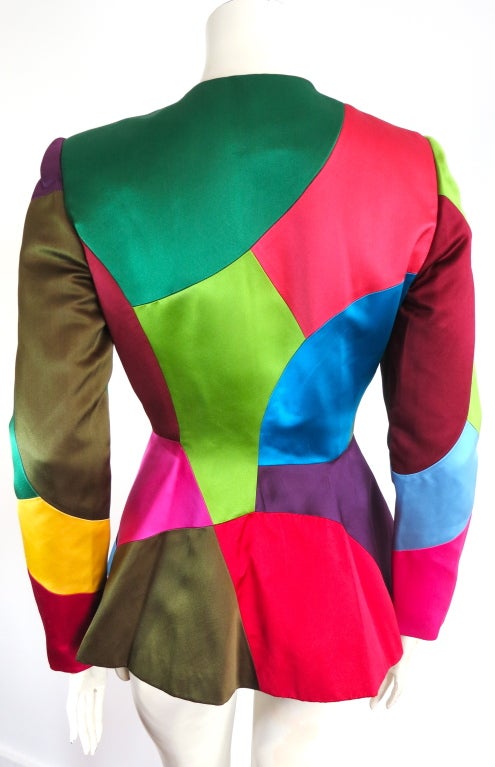 OSCAR DE LA RENTA 1990's satin color blocked jacket fur poms 3