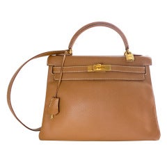 HERMES PARIS Kelly bag 32cm Tan leather gold hardware