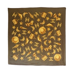 CHANEL PARIS gold charms & logo printed silk scarf 35"