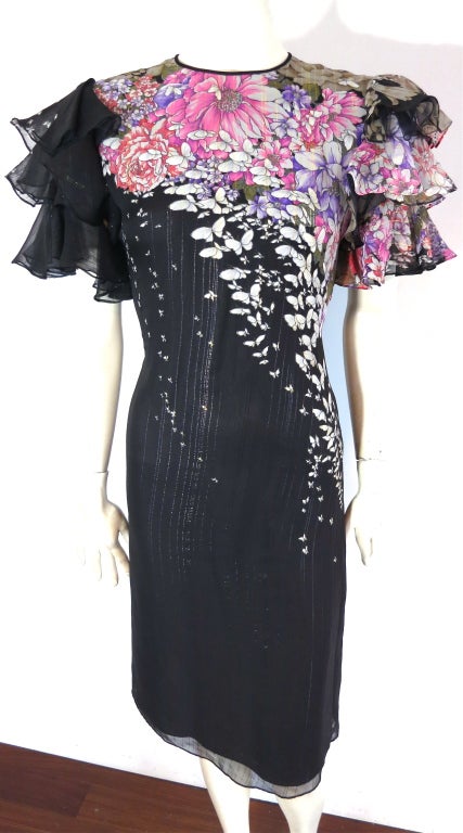 Vintage HANAE MORI 1980's engineered butterfly & floral print dress atop silk & metallic Lurex stripe chiffon.  Tiered, ruffle sleeves with concealed center back zipper entry.  The vertical, metallic stripes of the chiffon fabric are gold at the