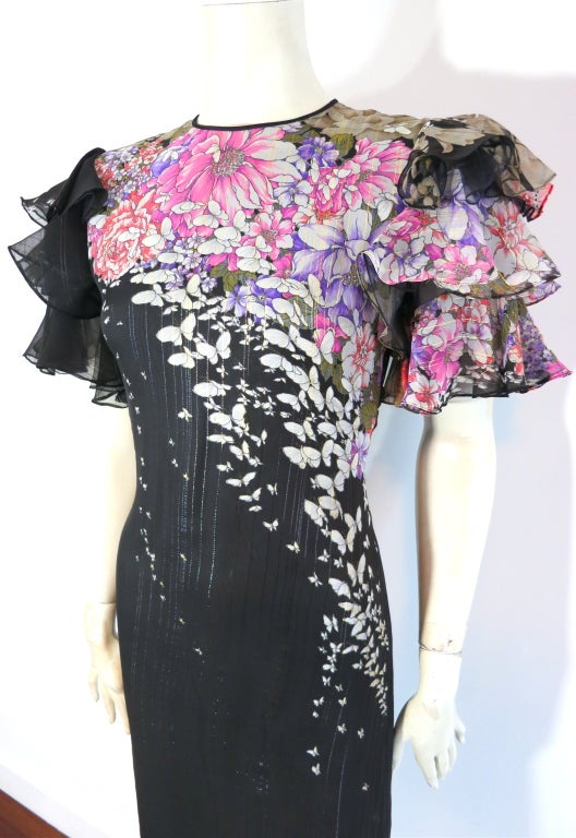 Black Vintage HANAE MORI 1980's Butterfly floral silk & metallic dress For Sale