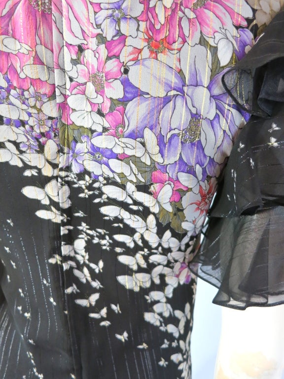 Vintage HANAE MORI 1980's Butterfly floral silk & metallic dress In Excellent Condition For Sale In Newport Beach, CA