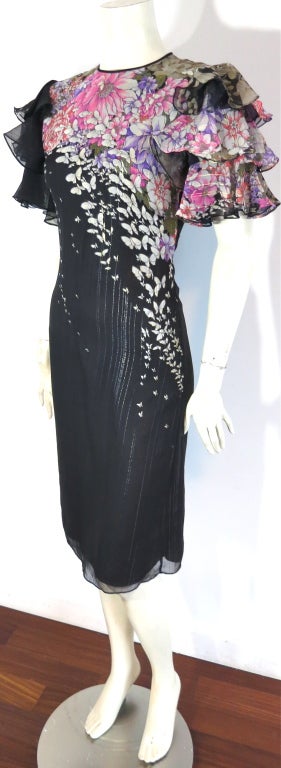 Women's Vintage HANAE MORI 1980's Butterfly floral silk & metallic dress For Sale