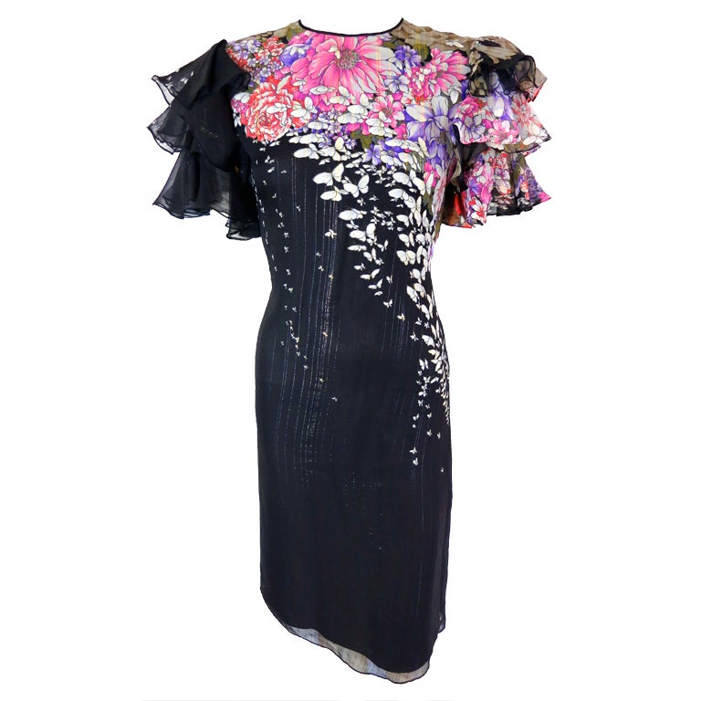 Vintage HANAE MORI 1980's Butterfly floral silk & metallic dress For Sale