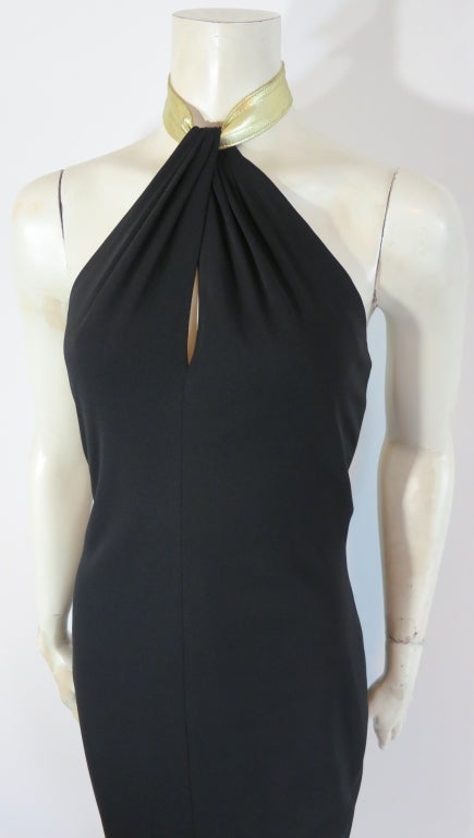 HALSTON Black halter dress with metallic gold leather neckband In Excellent Condition In Newport Beach, CA