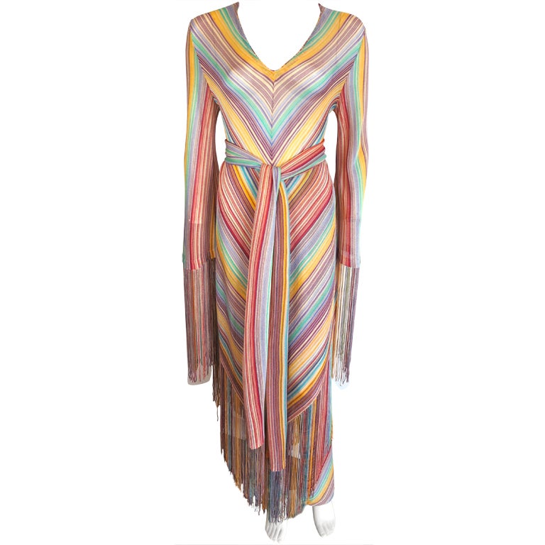 MISSONI Mitered rainbow knit stripe 3pc. fringed ensemble For Sale