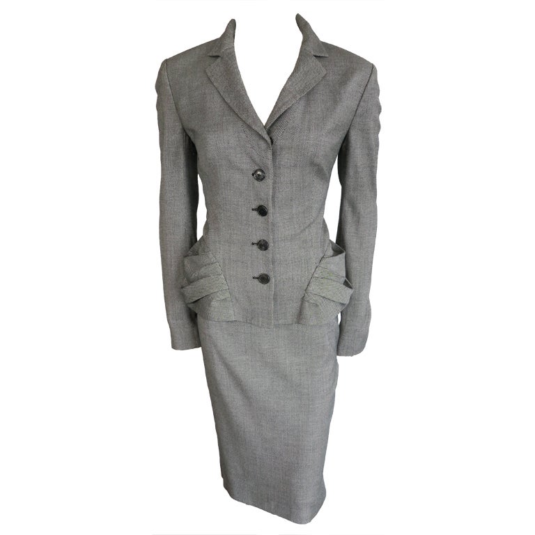 CHRISTIAN DIOR Gray birdseye wool skirt suit For Sale