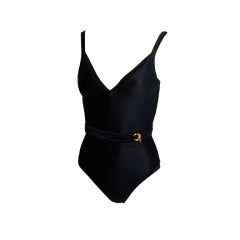 Unworn HERMÉS PARIS Black with gold ring and bar detail swimsuit