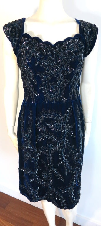 Vintage 1960's era midnight silk black sequin cocktail dress