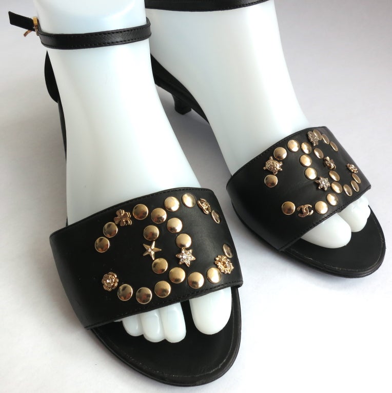 CHANEL PARIS Black leather nail head logo kitten heel sandals 2
