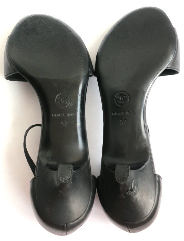 CHANEL PARIS Black leather nail head logo kitten heel sandals 6