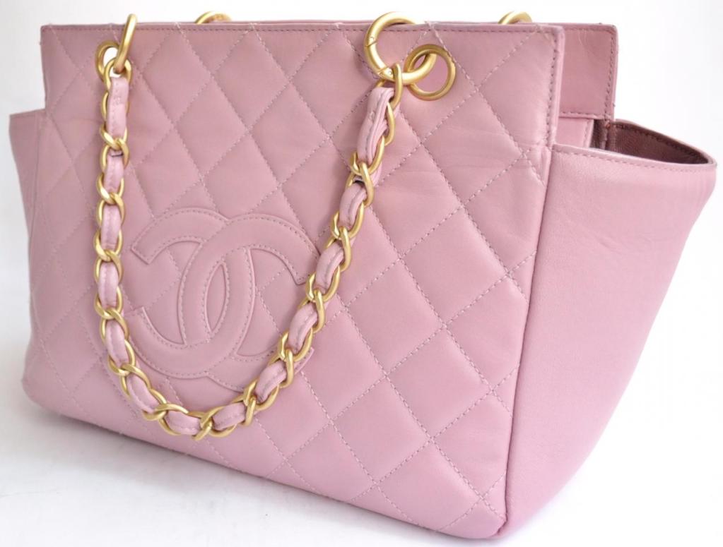 CHANEL PARIS Lilac quilted leather and gold chain tote purse 1