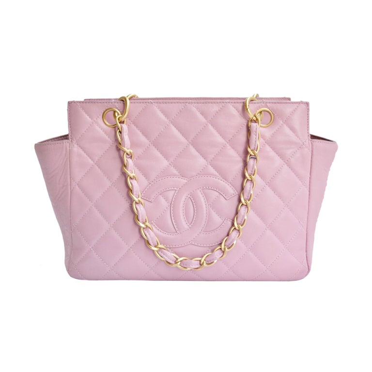 CHANEL PARIS Lilac quilted leather and gold chain tote purse