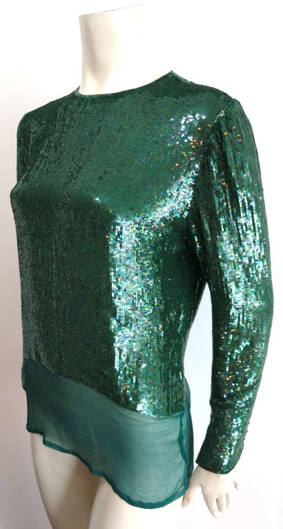 Vintage OSCAR DE LA RENTA 1970's era emerald sequin silk blouse at 1stDibs