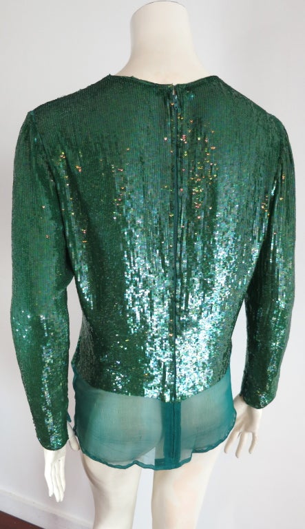 Vintage OSCAR DE LA RENTA 1970's era emerald sequin silk blouse 2