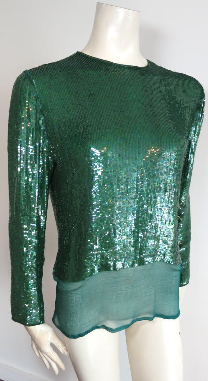 Vintage OSCAR DE LA RENTA 1970's era emerald sequin silk blouse 4