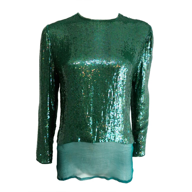 Vintage OSCAR DE LA RENTA 1970's era emerald sequin silk blouse