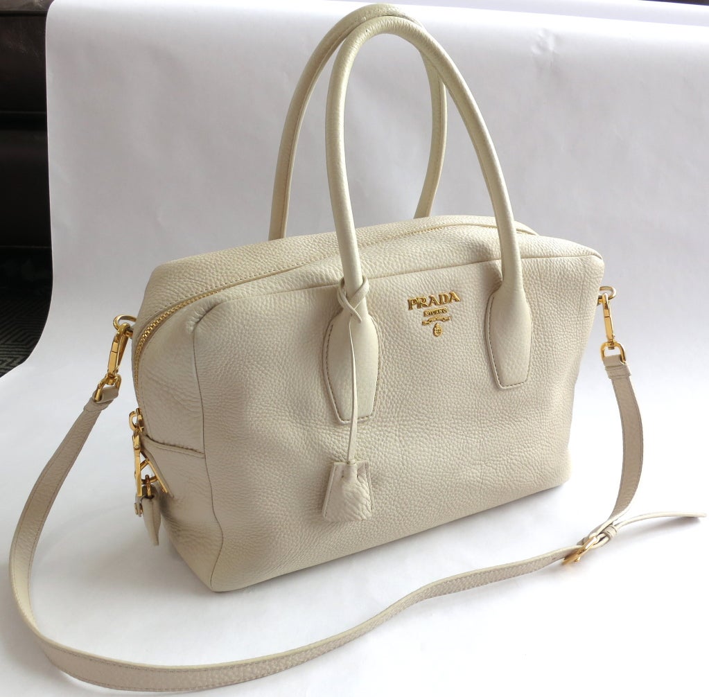 PRADA MILANO Ecru grained leather top handle bag 4