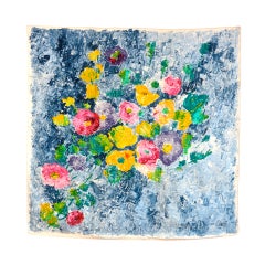 Vintage JACQUES FATH Painted floral silk scarf & original box