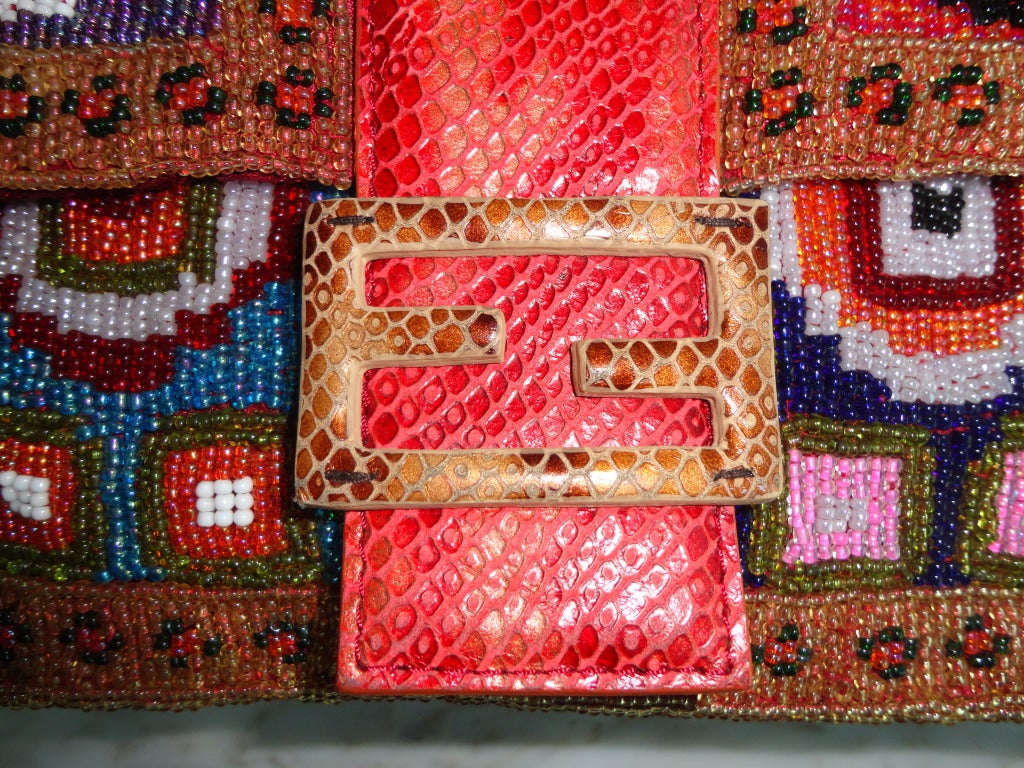 Women's FENDI Geometric floral hand beaded red python baguette purse