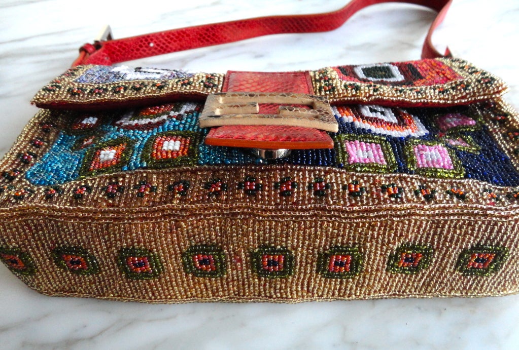 FENDI Geometric floral hand beaded red python baguette purse 2