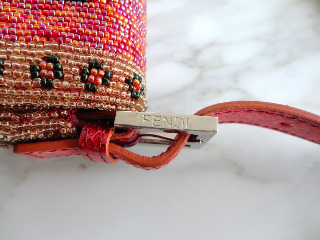 FENDI Geometric floral hand beaded red python baguette purse 3