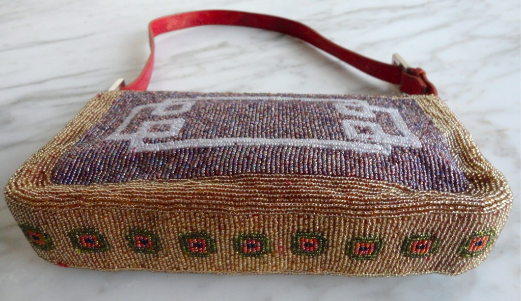FENDI Geometric floral hand beaded red python baguette purse 4