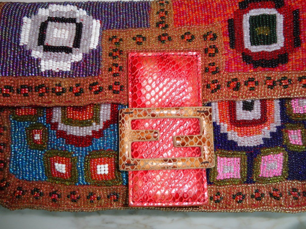 FENDI Geometric floral hand beaded red python baguette purse 5
