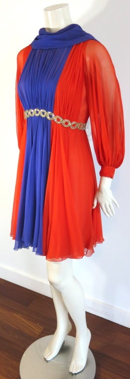 Vintage SARMI 1960's silk chiffon beaded waist dress Lena Horne In Good Condition For Sale In Newport Beach, CA