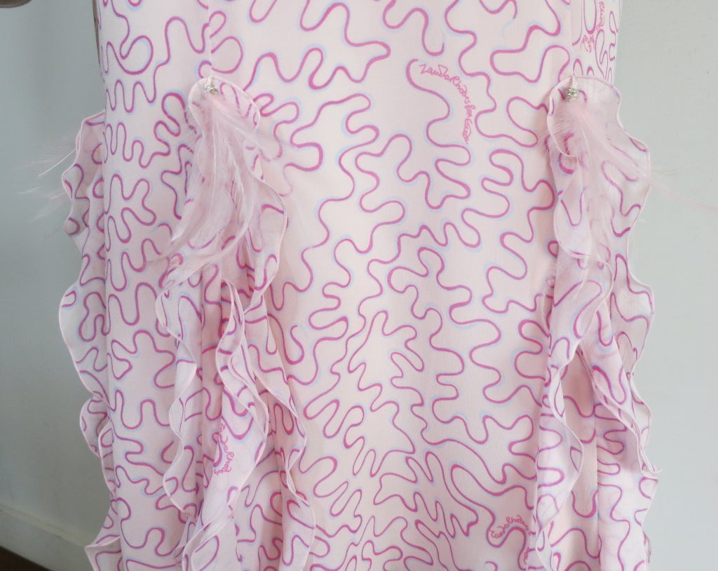 Women's Unworn ZANDRA RHODES for Escada pink silk printed feather dress