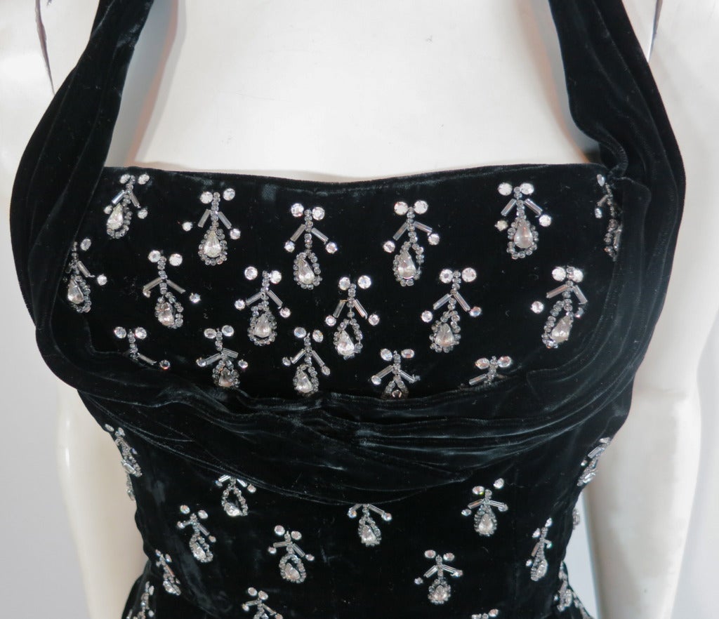 Women's Vintage CEIL CHAPMAN 1950's teardrop embellished black velvet halter dress