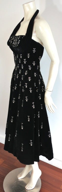 Vintage CEIL CHAPMAN 1950's teardrop embellished black velvet halter dress 1