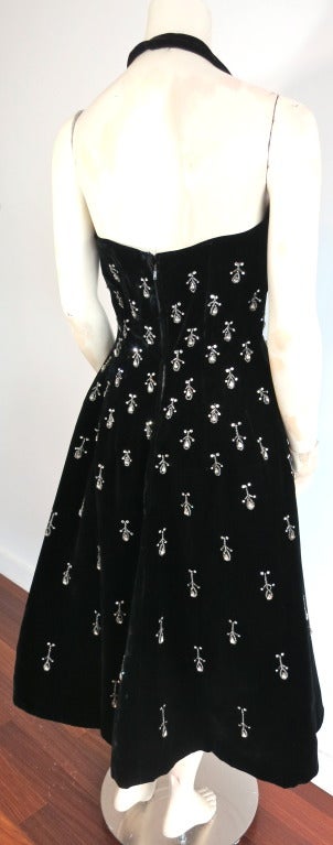 Vintage CEIL CHAPMAN 1950's teardrop embellished black velvet halter dress 3