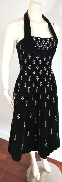 Vintage CEIL CHAPMAN 1950's teardrop embellished black velvet halter dress 4