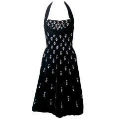 Vintage CEIL CHAPMAN 1950's teardrop embellished black velvet halter dress