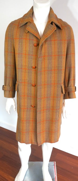 Vintage TURNBULL & ASSER LONDON 1960's Men's wool plaid coat in golden brown with orange, dark brown, and light beige stripes.  Prince of Wales/ Glenn style plaid.  The coat body is in mint condition, and features a concealed front placket with