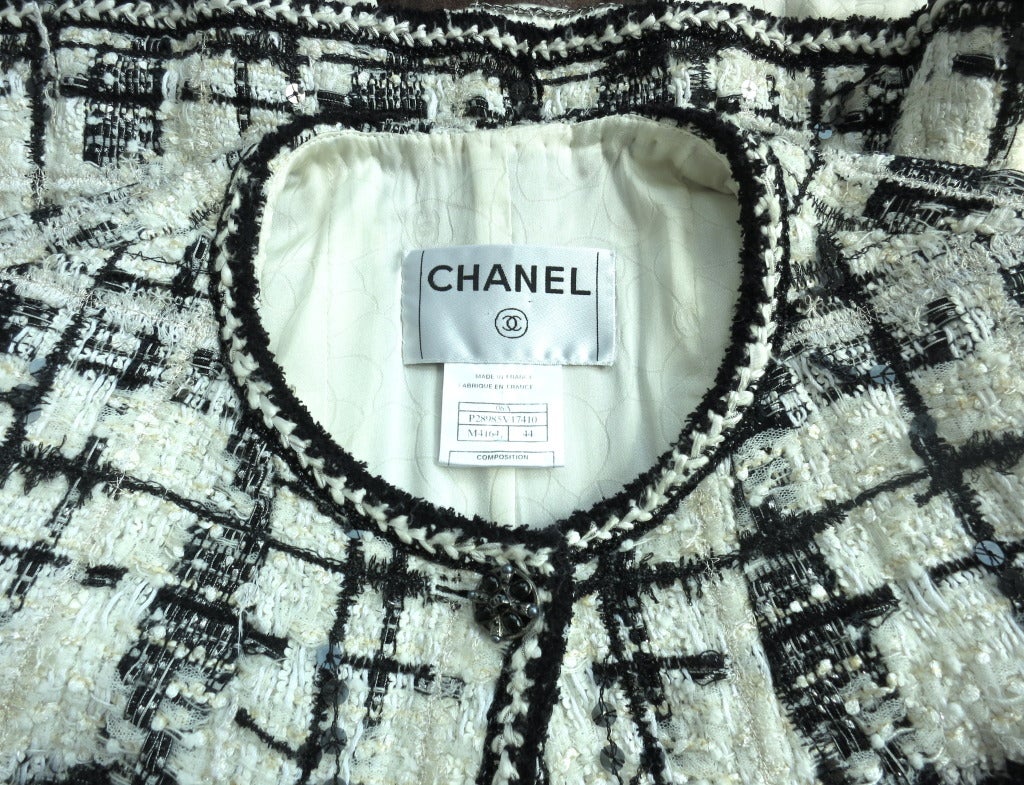 CHANEL PARIS Black & ivory wool metal sequin check jacket 6