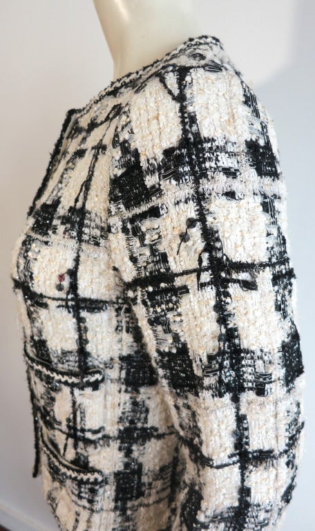 CHANEL PARIS Black & ivory wool metal sequin check jacket 1