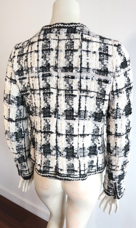 CHANEL PARIS Black & ivory wool metal sequin check jacket 2