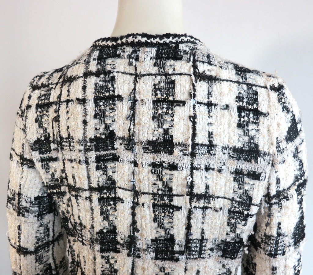 CHANEL PARIS Black & ivory wool metal sequin check jacket 3