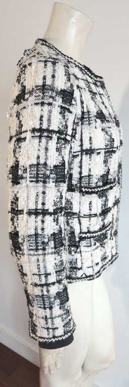 CHANEL PARIS Black & ivory wool metal sequin check jacket 4