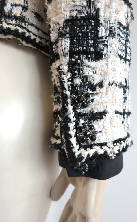 CHANEL PARIS Black & ivory wool metal sequin check jacket 5