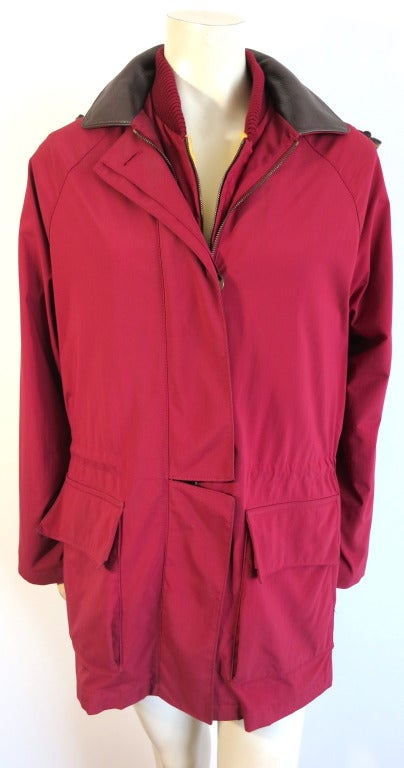 LORO PIANA ITALY Women's Horsey jacket and vest in dark red

Originally designed for the Italian Equestrian Team, these jackets are held in the highest esteem and are quite practical

The dark red Twenty K Storm System Fabric outer jacket is